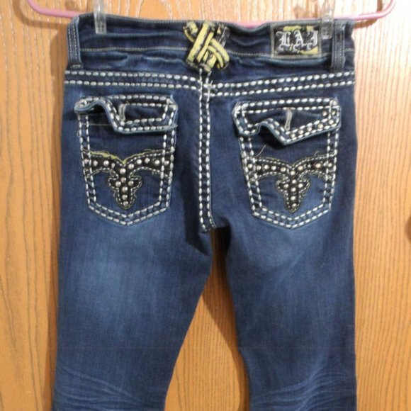 LA IDOL Jeans Sz 1 28x31 Flap pocket Bling Dark wash denim Designer Jr. pants - Picture 4 of 10